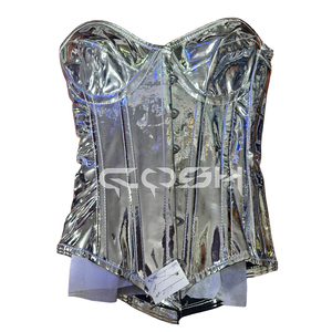 Custom Fashion Wear Silver Metallic PVC <b>Corset</b> | Shiny Clubwear Overbust <b>Corset</b> with Steel Boning - Product Image 1