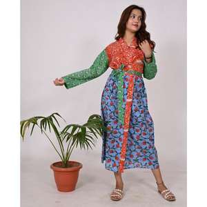 Kimono de algodón de estilo bohemio hecho a mano para mujer, albornoz largo hasta el suelo con tela estampada en bloque, cintura Natural lavable - Product Image 2