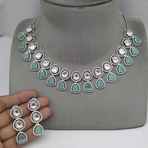 Designer Best Quality Silver Finish Uncut Kundan <b>Necklace</b> <b>Set</b> With <b>Earrings</b> For Wedding Party Wear Collection For Women - Product Image 1