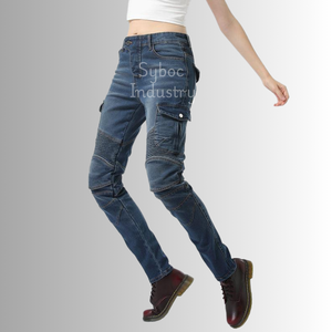 Pantalon de moto pour femme avec protection Design de genou pré-incurvé élégant Pantalon de moto en denim coupe ajustée pour l'équitation de longue distance - Product Image 4