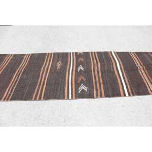 Vintage Kilim Rug 3.9x12.9 ft, <b>Brown</b> White Plants & trees <b>Wool</b> Turkish Rug - Product Image 3