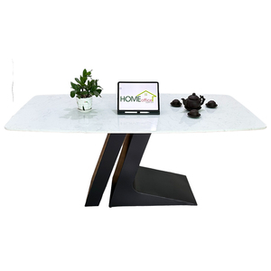 โต๊ะอาหารทรงสี่เหลี่ยม BA68118 ขนาด 140/160x80 ซม. ท็อปหินและขาเหล็ก โต๊ะรับประทานอาหารหินอ่อนประกอบสำเร็จ - Product Image 1
