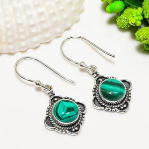 Boucles d'oreilles de style bohème plaqué argent sterling 925 à la mode pierre précieuse malachite verte pierre naturelle lunette anniversaire - Product Image 5