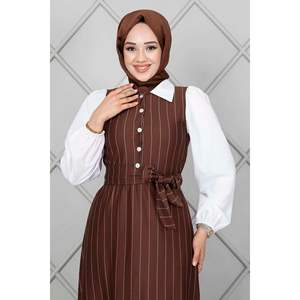 ชุดเดรสฮิญาบแขนยางยืดลายทางสีน้ำตาลขนาดพิเศษ, ชุดเดรสมุสลิมอาบายาสไตล์พื้นเมืองไม่มีตัวตนสำหรับเด็กผู้ชายเด็กผู้หญิงผ้าโพลีเอสเตอร์ดูไบ - Product Image 4