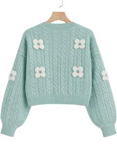 Manufacturer Custom <b>Women</b> Mint Green Cable Knit <b>Cardigan</b> Sweater <b>White</b> Flower Applique V Neck Button Front Cute Winter Fashion - Product Image 6