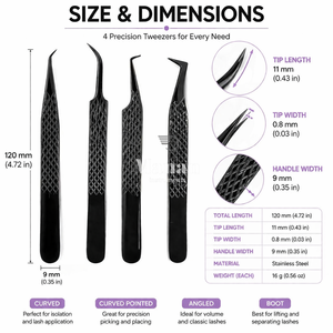 Ensemble de 4 pinces à cils professionnelles pour extensions de cils, courbées, angulaires, de précision, en acier inoxydable, antidérapantes - Product Image 3