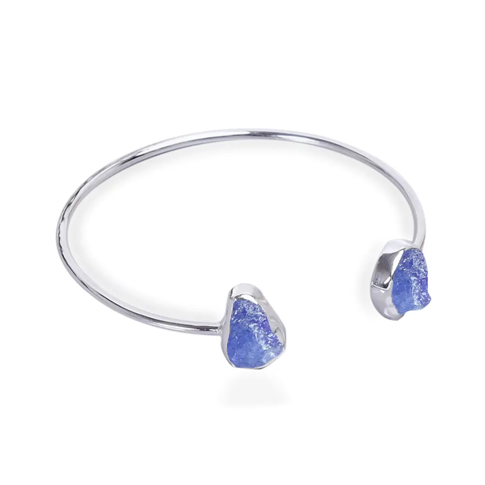 925 Sterling Silver Rough Tanzanite Collet 8-10mm Gemstone Adjustable Band Bangle Jewelry Family Birthstone Jewelry