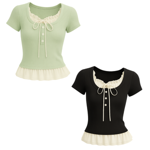 Top de punto de encaje de manga corta para mujer, dulce lazo decorativo transpirable, dobladillo con volantes, elegante pieza versátil, trajes diarios - Product Image 1