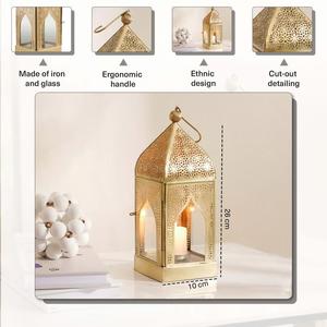Elegant Gold Metal <b>Lantern</b> with Glass Panels Intricate <b>Moroccan</b> Cut Dome Design Hanging Hook Warm Candle Glow for Home Decor - Product Image 4