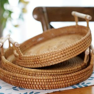 Panier de service rond tissé en rotin naturel de style moderne plateau à pain avec poignée décoration de table à manger pour la maison - Product Image 4