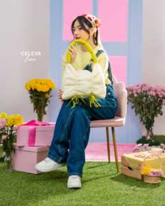 กระเป๋าโท้ทผู้หญิง Hody CELEVA รุ่นพรีเมียม ผ้าคริงเคิล พร้อมซิปปิดและโลโก้ปัก-สีเขียวมะนาว - Product Image 3