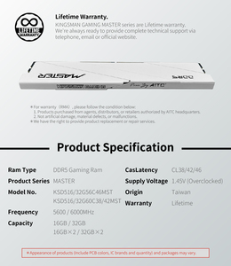 Memoria RAM para Juegos KINGSMAN GAMING Compatible con Overclocking DDR5 16GB*2 6000MHz para Ordenador de Escritorio - En Existencia - Product Image 4
