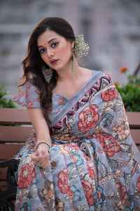 Nouvel arrivage chemisier en lin et coton doux de qualité supérieure, imprimé Kalamkari et Zari, Saree de travail, exportation indienne et fournisseur indien - Product Image 3