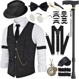 Costume pour homme des années 20, ensemble d'accessoires des années 20, gilet, bretelles, chapeau, montre de poche, <span class=keywords><strong>cravate</strong></span>, lavable en machine, pour adulte - Product Image 1