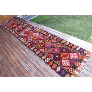 2.6x13.9 ft Vintage <b>Runner</b> Rug, <b>Red</b> Orange Turkish Ikat Wool Rug - Product Image 2