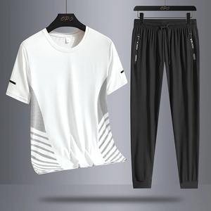 Summer round neck ice silk <b>short</b> <b>sleeved</b> T-shirt and pants sports set, quick drying, sweat absorption, and running two-piece set - Product Image 5