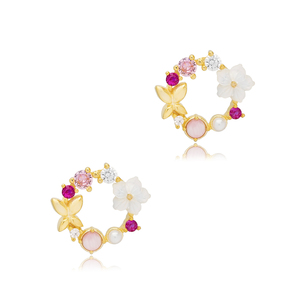 Boucles d'oreilles clous CZ multicolores roses motif fleur fraîche nacre faites à la main turques en gros bijoux en argent sterling 925 - Product Image 4