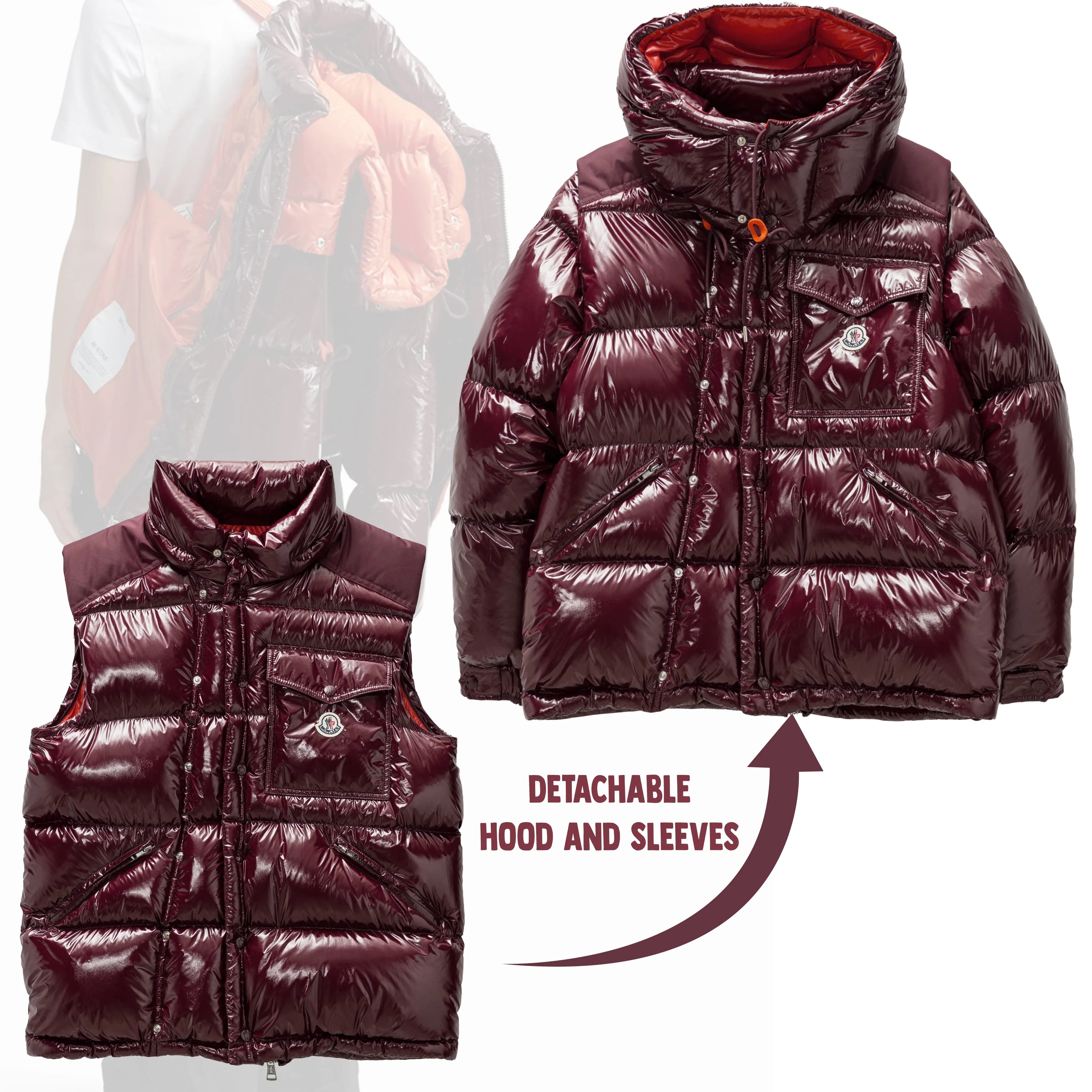 カスタム卸売工場製造2in1フグベストジャケット男性用屋外冬暖かいジャケット光沢のある取り外し可能なジャケット