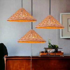 โคมไฟระย้าหวายทรงกรวยเป็นมิตรกับสิ่งแวดล้อมโคมไฟหวายสานด้วยมือสำหรับห้องครัวเกาะหรือมุมสบายๆโคมไฟหวายทรงกรวย - Product Image 3