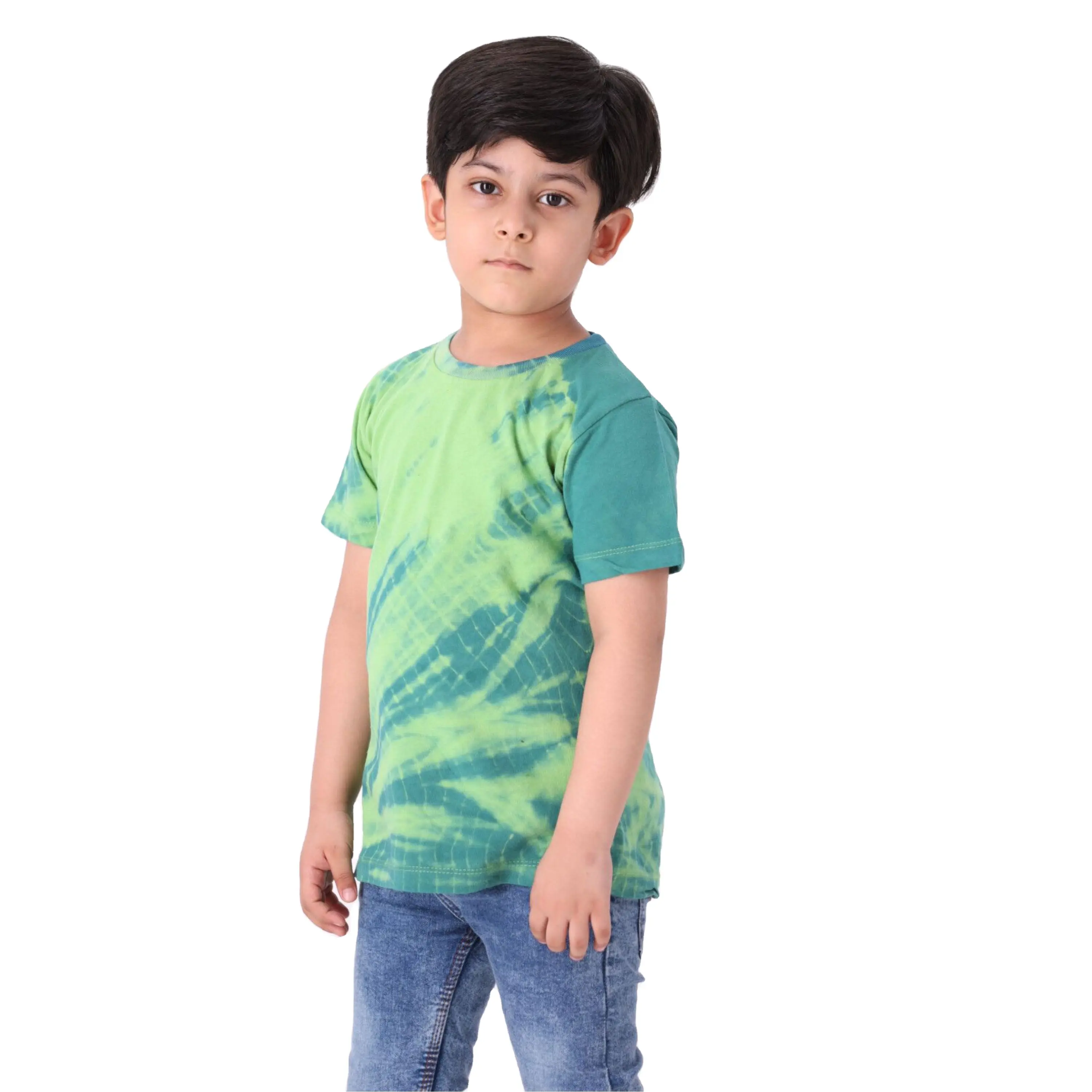 Трикотажная футболка из чистого хлопка для мальчиков, длинная футболка с круглым вырезом, рукавом до локтя, галстуком-бабочкой и краской, 100%