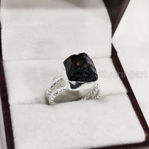 Joyería de piedra cruda para mujer anillo de turmalina negra Natural piedra preciosa octubre piedra natal giro doble banda fiesta 925 anillo de plata esterlina - Product Image 5