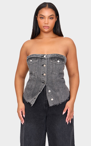 2025 nueva llegada Trending Plus lavado gris contraste costura detalle bolsillo frente corsé Bandeau Denim Top camisa de mujer personalizada - Product Image 6