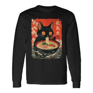 T-shirt à manches longues avec image de chat Neko mangeant du ramen, style kawaii, anime japonais, nouilles - Product Image 1