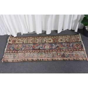 Vintage 1.6x3.8ft Turkish <b>Wool</b> Rug Beige <b>Red</b> Patchwork Abstract Handmade Rug for Entryway 10mm Thick Latex Backing for Teens - Product Image 1