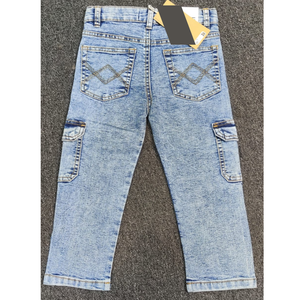 Pantalon cargo long en denim extensible/coton brodé pour garçons, 6 poches, faux zip, design délavé, poches à rabat avant/arrière visibles, coupe régulière - Product Image 3
