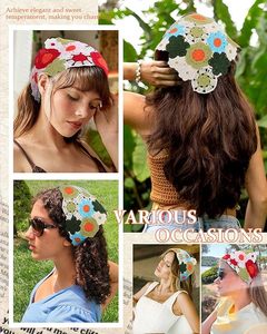 Fasce <span class=keywords><strong>per</strong></span> capelli all'uncinetto da donna e ragazza, foulard vintage lavorato a maglia con motivo floreale boho - Product Image 6