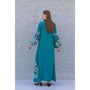 Vestido Largo Kaftan Bordado de Color Sólido para Mujer con Mangas Abullonadas, Estilo Étnico Boho, Ropa de Playa - Product Image 4