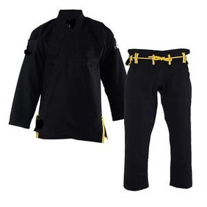 Conjunto de Kimono de BJJ Negro, 100% Poliéster, Corte Regular, Uniforme de Jiu Jitsu Resistente con Detalles Amarillos y Logotipo en el Manga Izquierdo, Conjunto de BJJ Gis - Product Image 1