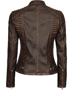 Chaqueta de cuero genuino para mujer de alta calidad para invierno, bolsillo con cremallera lateral, Color marrón, chaquetas de cuero de vaca para mujer - Product Image 4