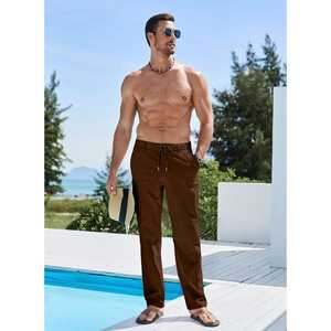 <b>Mens</b> Linen Casual Drawstring Pants <b>Elastic</b> <b>Waist</b> Beach <b>Trousers</b> with Pockets Colored Wash Pattern Summer Wear - Product Image 2