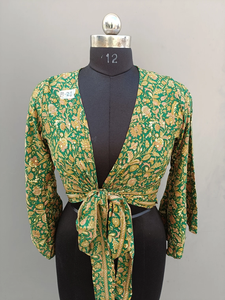 Top à manches cloche 3 voies avec pantalon Palazzo pour femmes, Top enveloppant avec nœud sur le devant, ensemble de pyjama Floral en soie - Product Image 5