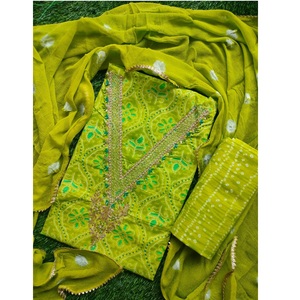 Ensemble de salwar kameez non cousu imprimé de couleur jaune, pour femmes, en coton de soie, à motifs floraux paisley, broderie respirante, pour les fêtes - Product Image 4