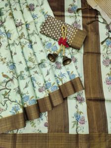 Nouvel arrivage de chemisier sari en soie douce tussar avec corps imprimé jal et bordure tissée ghicha tussar pallu et zari à vendre - Product Image 3