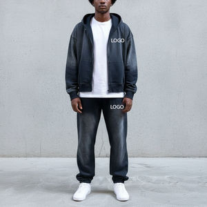 ชุดวอร์มสไตล์วินเทจผ้าฝ้าย 100% ล้างสีแบบแอซิดฟอกสีซีดจาง สไตล์สตรีทแวร์ ซิปเต็มตัว สีดำ สำหรับผู้ชาย ขายดี - Product Image 1