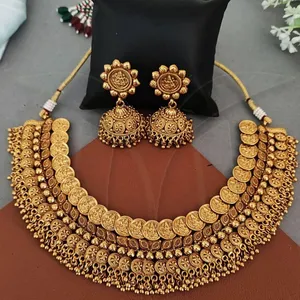 Antique Jewelry High Gold Plated God Laxmi Maa Figure South Fashion Antique Temple Coins Necklace Set
