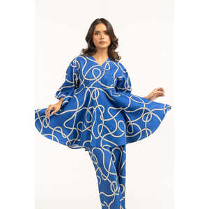 Ensemble coordonné pour femme, imprimé bleu ondulé, style décontracté, hauts à manches trois-quarts, pantalon ample en crêpe modal pour le printemps/été - Product Image 3