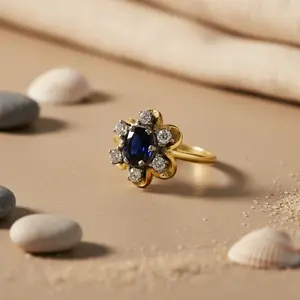 Anillo Floral Romántico para Mujer con Zafiro y Diamante, Chapado en Oro Amarillo y Rodio, Joyería Fina, Elegante Tecnología de Engaste - Product Image 2