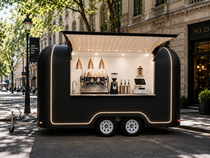 Mini Remolque <span class=keywords><strong>de</strong></span> Comida, Carrito <span class=keywords><strong>de</strong></span> Café Móvil, Cocina Exterior, Carrito Congelador Móvil con Cafetera y Refrigerador para Postres y Café - Product Image 1