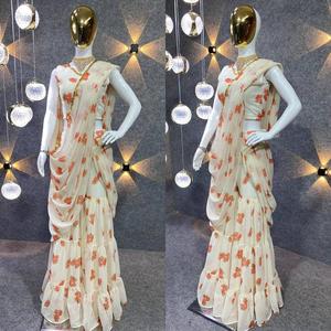 Robe saree ethnique traditionnelle en organza Sharara avec broderie de couleur blanche personnalisée - Product Image 3