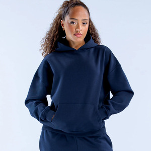 Premium Quality <b>Navy</b> <b>Women's</b> Drop Shoulder Oversized Fit Stonewashed Front Logo Anti-Wrinkle Breathable Custom Blank <b>Hoodie</b> - Product Image 1