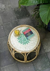 Mesa de centro de bambú natural Mesa de centro de mimbre redonda Mesa de mimbre natural vintage Mezcla de nácar - Product Image 4