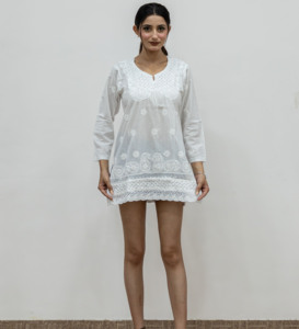 Summer Fashion <b>Women</b> Custom Lightweight Delicate Mini Viscose Embroidery <b>Tunic</b> <b>Dress</b> With Round Neck Long Sleeve <b>Tunic</b> <b>Dress</b> - Product Image 1
