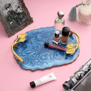 Plateau de service en résine à motif de feuilles de luxe Vintage exclusif fait à la main poignée Durable pour assiettes à Dessert décoratives - Product Image 6