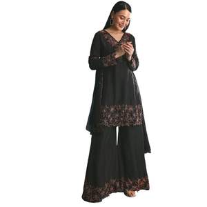 Black <b>Silk</b> <b>Kurta</b> Palazzo Set With Cut Dana Work Wholesale Women Ethnic Apparel OEM Clothing Factory Bulk Supplier Custom Fashion - Product Image 1