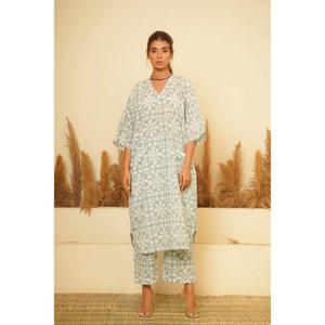 Ensemble Kurta Pantalon pour Femme, Style Gothique, Imprimé Floral, Longueur au Sol, Col en V, Coupe Ample, Tunique, Pantalon Droit, Décontracté, Coton, Ensemble Ethnique Coordonné - Product Image 1