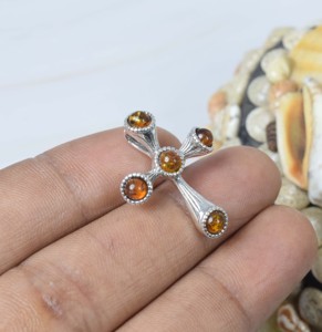 Colgante de piedras preciosas de forma redonda con Cruz de ámbar Báltico Natural de Plata de Ley 925 - Product Image 3